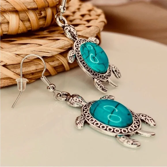 Bohemian Silver Turtle Drop Earrings with Turquoise Accents - Picture 3 of 6